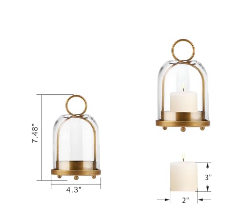 7.5" High Versatile Modern Metal Hurricane Lantern with Handmade Sturdy Glass Dome in Vintage Brass for 2" Pillar Candle & Plants, Industrial, Farmhouse, Shabby Chic (Brass, 4" x7.5 for 2" Pillar) - color: Brass, size: 4"x7.5"