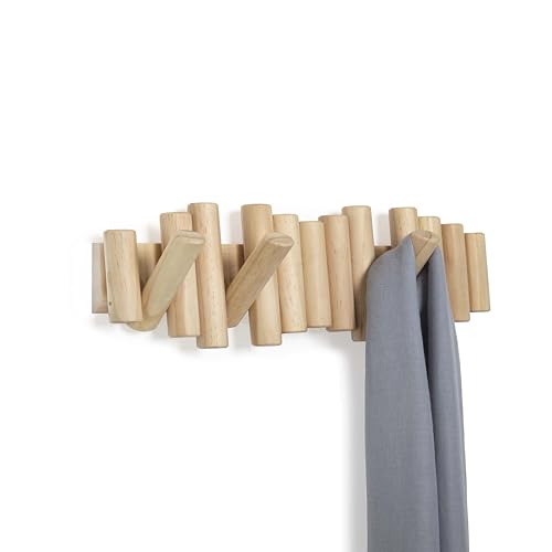 Umbra Picket Wall-Mounted Coat Rack Rail Hook with 5 Retractable Wood Pegs – Modern, Space-Saving Storage Organizer, Natural (Pack of 3) - color: Natural, size: 5-Hook (Pack of 3)