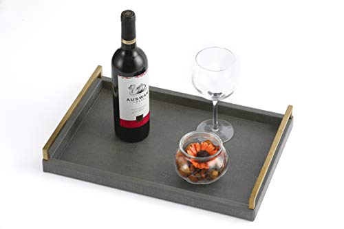 17.8 * 11.8" Grey Shagreen Large Serving Tray with Brushed Gold Handle,Faux Leather Home Decorative Tray, Coffee Table Tray for Living Room, Dinning, Vanity （Grey - color: Dark Grey