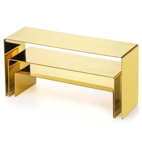 Hedume Set of 3 Shoe Handbag Display Stand, Gold Stainless Steel Purse Display Risers, Countertop Risers for Perfume Handbag Shoe Jewelry Holder