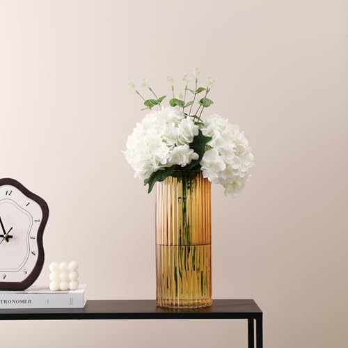 Amber Glass Vase for Flowers, Ribbed Glass Vases, Tall Glass Vases for Tulips, Modern Glass Vase for Living Room, Dining Table, Office, Wedding, Bookshelf, 12 Inches - color: Amber, size: 12''