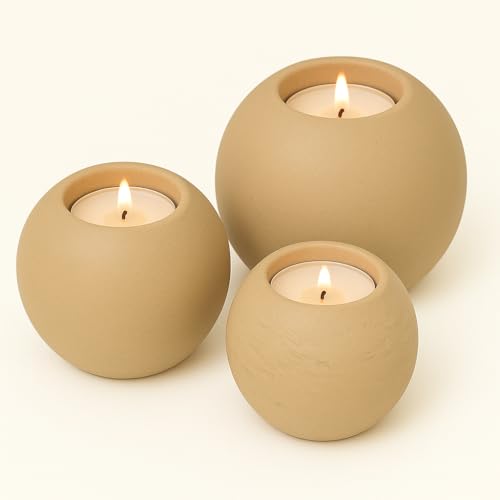 Concrete Sphere Tea Light Holder - Minimalist Centerpiece - Candle Holder - Modern Interior Design (Buff, Set of 3 Sizes) - color: Buff, size: Set of 3 Sizes