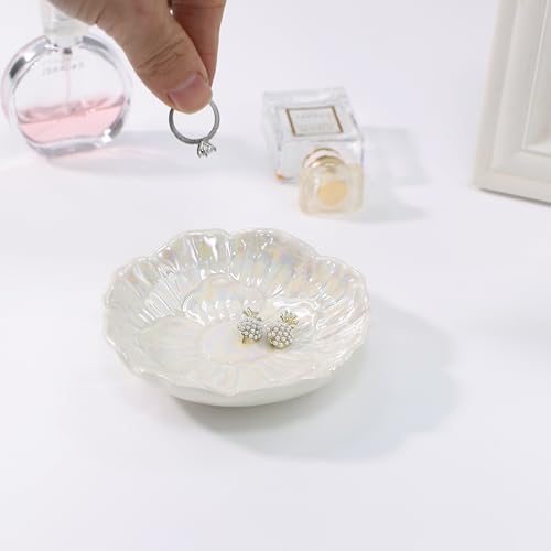 Flower Ring Dish Holder,Jewelry Dish Tray,Small Trinket Tray,Jewelry Plate Bowl,Key Bowl,Decorative Plate,Mothers Day Birthday Gifts for Women Mom Friends,Ceramic Pearl White - color: Pearl White