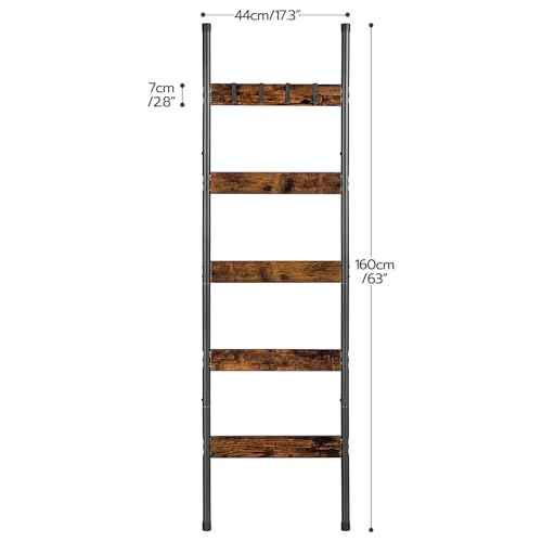 HOOBRO Blanket Ladder, 5-Tier Towel Rack with Hooks, Wall-Leaning Blanket Rack, Decorative Display Ladder Shelf, for Scarves, Industrial, Living Room, Bedroom, Rustic Brown and Black BF52CJ01 - color: Rustic Brown + Black, size: 17.3"L x 63"W