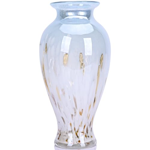 Hand Blown Glass Vase 11.8" Tall Beautiful Blue White Sea Wide Mouth Bud Vase for Table Centerpiece, Painted Colorful Murano Glass Flower Vases for - Home Entrance Wedding Center - color: Blue and White