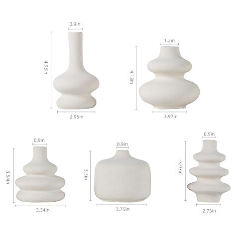 JOJUNO White Bud Vases, Small Ceramic Vase Set of 5, Mini Pottery Vases for Flowers, Decorative Vases for Home Modern Decor, Boho Decor, Chic Vases for Living Room Dining Table Shelves - color: White