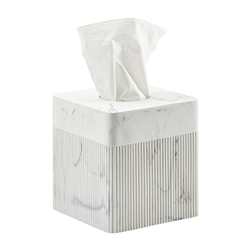 White Tissue Box Cover Square Resin Tissue Holder for Home Decor, Hand Poured Marble Ribbed Cube Tissue Box Holder – 5.5 Inch Heavy Duty Luxury Tissue Box Case for Bathroom, Living Room, Office - color: A-white