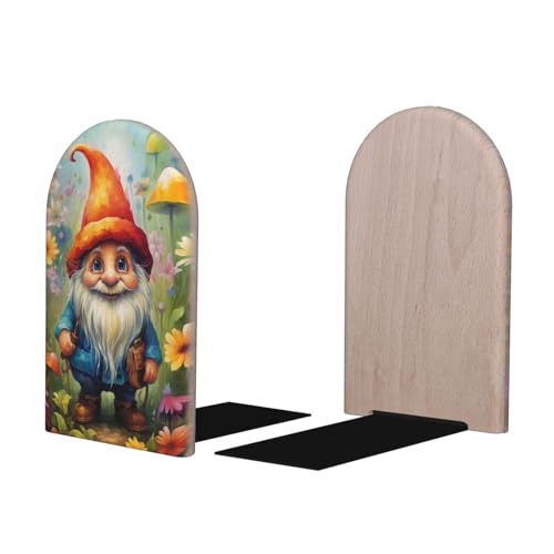 Decorative Bookends Floral Painting Gnome Flowers Kids Wood Bookends 2 Pcs Book Stoppers for Shelves Desk Non-Skid Modern Bookends for Office Kitchen School