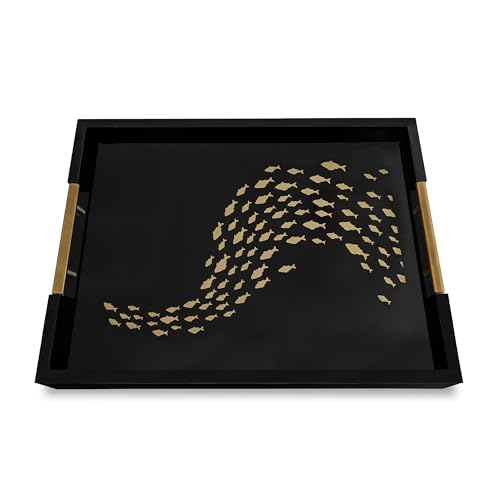 Black Serving Tray with School of Golden Fish Design Gothic Ottoman Tray, Tea and Coffee Table Tray, Jewelry Bathroom Organizer, Gift, Gloss Finish - style: Art Deco