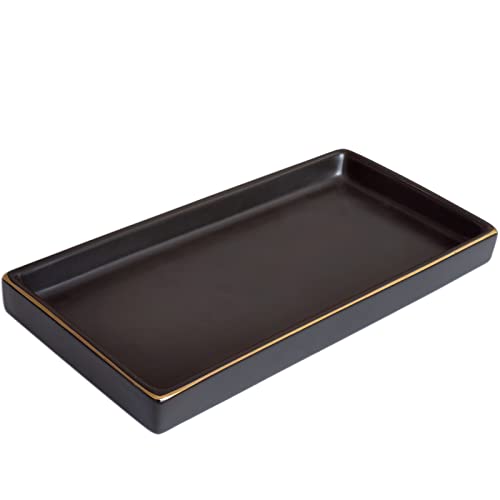 10 x 5 Ceramic Bathroom Tray for Countertop, Decorative Vanity Tray for Dresser Tops, Small Rectangular Trays for Perfume, Candle, Jewelry, Cosmetics (Black) - color: Black