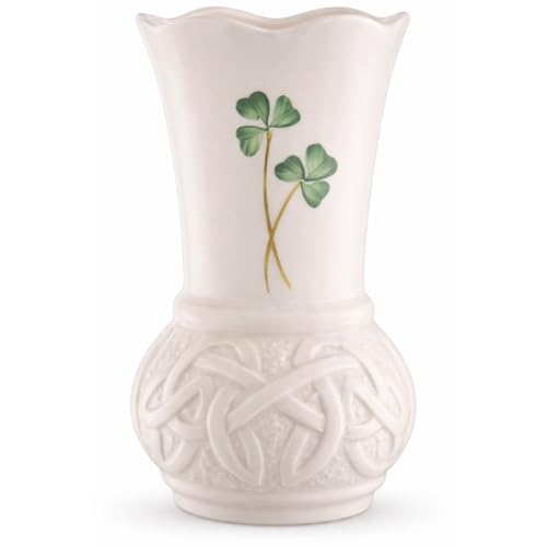 Belleek Durrow 4 Inch Shamrock Vase - Handcrafted Fine Parian China Irish Decor - White Flower Vase, 2" D x 4" H