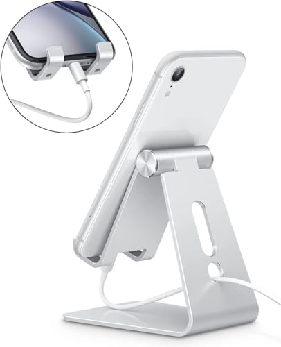 Adjustable Cell Phone Stand, OMOTON Aluminum Desktop Cellphone Stand with Anti-Slip Base and Convenient Charging Port, Fits All Smart Phones, Silver - color: Silver