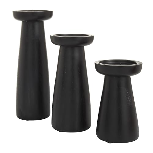 Deco 79 Mango Wood Decorative Candle Holder Pillar Candle Stand, Set of 3 Candlestick Holder 10", 6", 8" H, Black