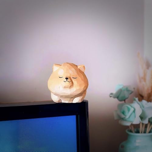 Hand Carved Red Shiba Inu Figurine with Round Wood Base – Cute Chubby Shiba Wooden Dog Statue, Handmade Desk Decor, Adorable Collectible Sculpture, Unique Gift for Dog Lovers & Pet Owners - color: Yellow Shiba Inu