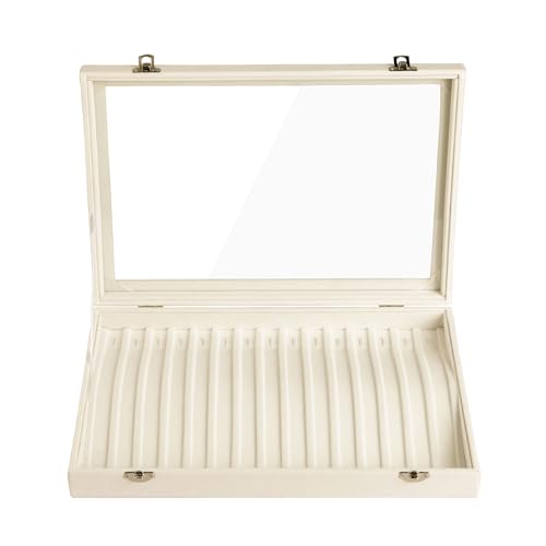 Frebeauty 15 Hooks Necklace Tray Velvet Neckalce Organizer with Clear Lid Lockable Necklace Holder Box Jewelry Organizer for Pendants Chains Necklace Jeweley Tray for Women Girls(Beige) - color: Beige