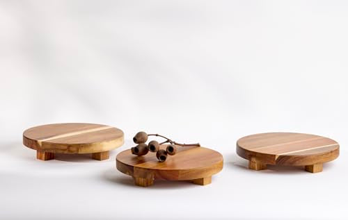Kurrajong Farmhouse footed wooden tray | wood pedestal stand | 10" wide and 2" high round riser board | acacia wood pedestal board | plant holder