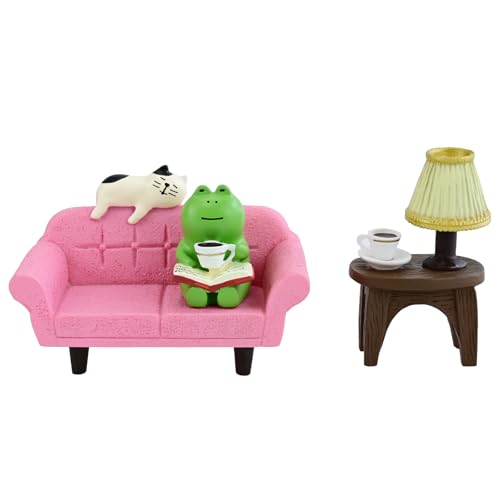 Mevodeata Cute Mini Frog Figurine with Small Sofa and Lamp Table Resin Figure for Office Home Decor for Frog Lovers (Pink Sofa) - color: Long Sofa-pink