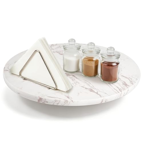 DEAYOU Marble Lazy Susan, Natural Marble Round Tray Turntable Cake Stand, 12" Lazy Susan Cheese Board with Silent Rotating for Serving, Table Display, Cupcake, White, Revolving Cake Leveler Spinner