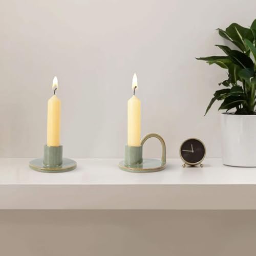 Ceramic Taper Candle Holders with Handle (Set of 2) – Tall Candlestick Holders for Table Decor Centerpieces, Rustic Home Décor, and Dinner Table Styling Avocado Green - color: Avocado Green