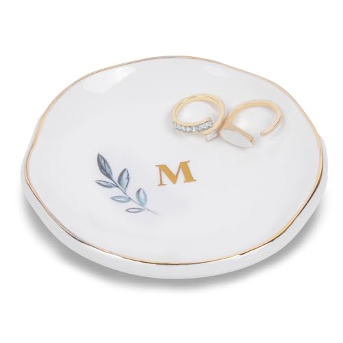 Personalized Ceramic Ring Dish, Initial Jewelry Tray for Rings, Earrings, Necklaces & Bracelets, Gift for Engagements, Birthdays, Holidays, Mom, Sister, Bridesmaid, Bride-to-Be, 4" Ring Plate - color: M