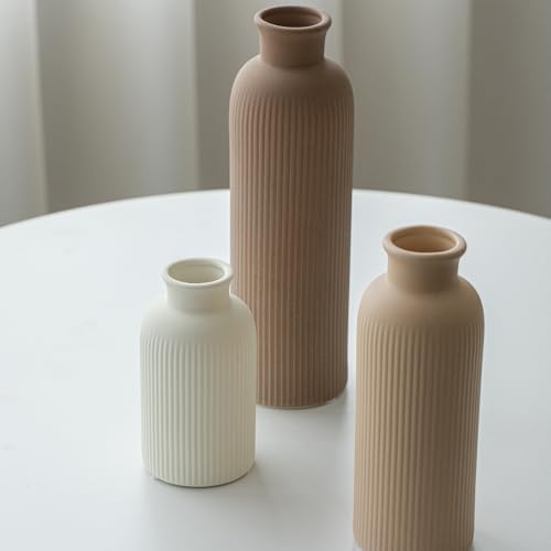 Modern Ceramic Vase Set, Earth Tone Natural Color Ribbed Matte Design, 3-Piece Decorative Vases for Home, Living Room, Office (Coffee Mix) - color: Coffee Mix