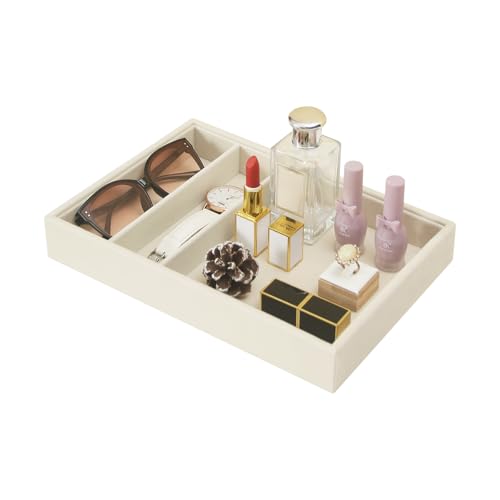 Bedside Organizer - Multi-use Nightstand & Desk-top Catchall Tray for Jewelry, Sunglasses, Phone, Watch, Perfume, Lipstick (Beige 3Grid) - color: Beige Velvet, size: 3 Grid