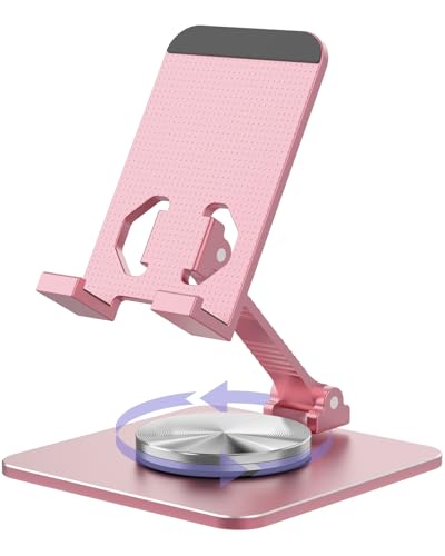 Cell Phone & Tablet Stand for Desk, Aluminum Adjustable Holder for iPhone, iPad & Smartphones || Foldable Mount with 360° Swivel, Stable Base & Portable Design for 4–9.7in Devices, Pink - color: Pink