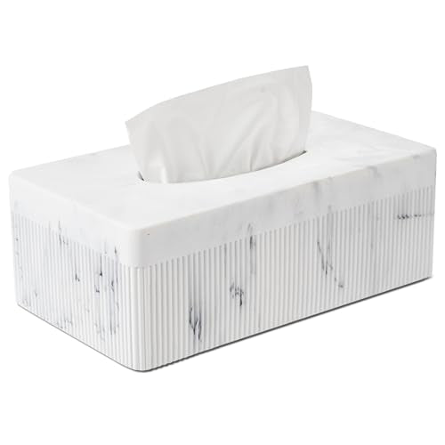 Marble Tissue Box Cover, Rectangular Napkin Facial Tissues Holder for Home Office, Hand Poured Marble Tissue Box Holder, 10 x 5.7 x 3.7 inches, White - color: B-white