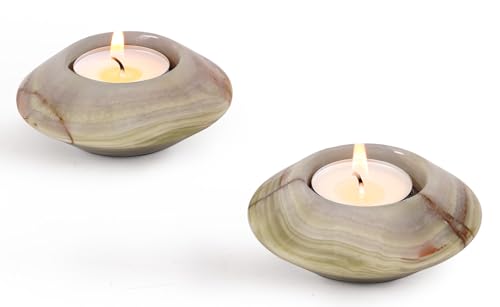 Tealight Candle Holders Set of 2 – Handcrafted Natural Marble Tea Light & Votive Holders, Decorative Stone Candle Holder Pair for Home Décor, Dining Table, Coffee Table & Wedding Decor - color: Green, size: 3.5" Inches