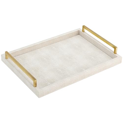 XIGEXIGE Ivory Shagreen Decorative Tray Large Rectangle Coffee Table Tray for Ottoman Faux Leather Serving Tray with Brushed Gold Handles - color: Ivory, size: 17" x 12" x 2.5"