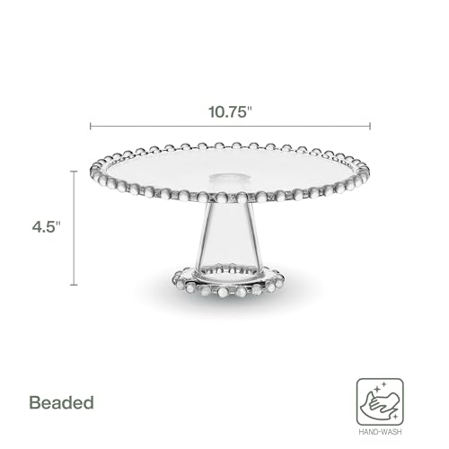 Fitz & Floyd Beaded Large Glass Cake Stand, 10.75 Inch Clear Glass Pedestal Cake Stand for Desserts, Appetizers, and Entertaining