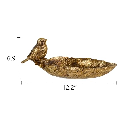 SOFFEE DESIGN Resin Jewelry Tray, Gold Leaf-shaped with Standing Bird, Ring Dish, Decorative Organizer for Entrance Vanity Dresser Bathroom, Bridal Gift Idea