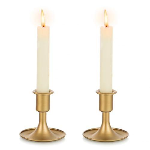 Gold Taper Candle Holder Set of 2, Hewory Short Skinny Brass Candlestick Holders, Vintage Small Low Metal Candles Sticks for Wedding Centerpieces Christmas Birthday Party Holiday Dinning Table Decor - color: Gold-2pcs