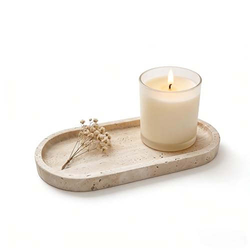 Oval Travertine Tray 4.8 in x 9.8 in for Bathroom Dresser Countertop Organizer, Natural Marble Vanity Tray for Perfume, Candles, Ring, Decorative Jewelry Dish