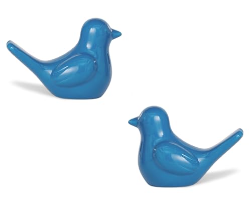 Small Blue Bird Statue Ceramic 2-Piece Set, 3¾ inch Cute Knick Knack for Home Office Shelf Desk Decor - color: Blue