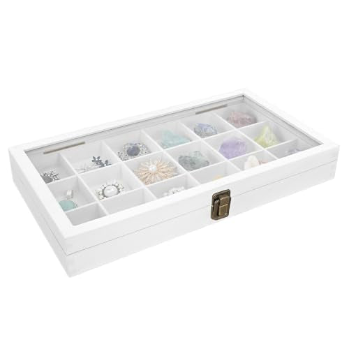 MOOCA Wooden Display Storage Case with Tempered Glass Lid for Jewelry and Beads with 18 Compartments Tray, 15 W x 8 3/8 L x 2 1/8 H in, Wash White Color - color: Wash White