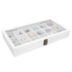 MOOCA Wooden Display Storage Case with Tempered Glass Lid for Jewelry and Beads with 18 Compartments Tray, 15 W x 8 3/8 L x 2 1/8 H in, Wash White Color - color: Wash White