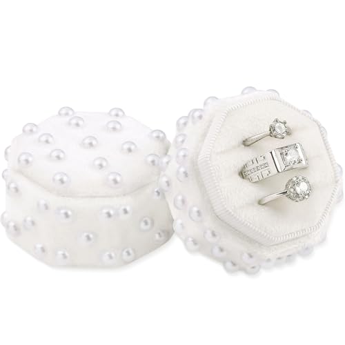 WantGor Velvet Ring Box, 3 Slots Jewelry Ring Gift Box Vintage Ring Display Holder Case for Wedding Ceremony Proposal Engagement (White Pearl) - color: White Pearl