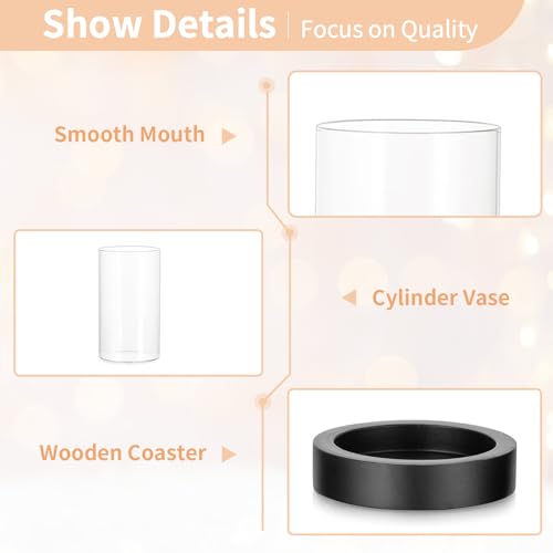 NUPTIO Wooden Candle Holders Pillar: Black Candle Tray with Round Hurricane Glass Vase - Set of 2 Cylinder Floating Candleholder for Home Halloween Thanksgiving Seasonal Decor - color: Black
