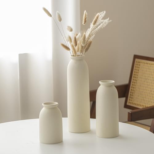 10.4 inches Tall Decorative Ceramic Vase Set, 3 Pieces, Nordic Modern Boho Style, White, for Home Decor (Beige) - color: Beige