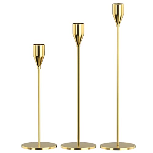 Candle Holders Set of 3 for Taper Candles, Decorative Candlestick Holder for Wedding, Dinning, Party, Fits 3/4 inch Thick Candle&Led Candles (Metal Candle Stand) (Gold) - color: Gold