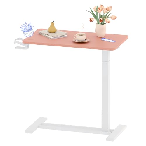 FLEXISPOT H7 Adjustable Overbed Bedside Table with Wheels Pneumatic Mobile Standing Desk Laptop Desk Rolling Computer Cart Movable Overbed Table Hospital Home Use(27.6" W x 15.7" D, Pink) - color: Pink, size: Small