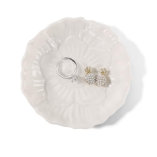 Flower Ring Dish Holder,Jewelry Dish Tray,Small Trinket Tray,Jewelry Plate Bowl,Key Bowl,Decorative Plate,Birtdhay Christmas Gifts for Women Friends,Ceramic White - color: White