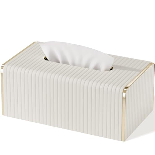 Tissue Box Cover,White Rectangle Leather Tissue Box Holder with Gold-Tone Edging Decoration,Decorative Tissue Cover for Bathroom Toilet Bedroom Living Room Table Desk Office (White, Rectangle) - color: Cream White, size: Rectangle Standard
