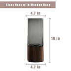 Artistic Wood Glass Vase, 10" H, Wooden Base Cylindrical Flower Vase, Classic Boho Rustic Style for Fireplace Bedroom Kitchen Living Room Centerpieces Office Desk
