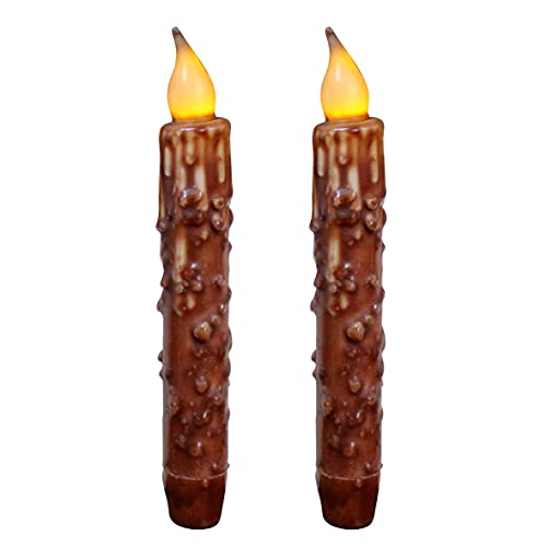 CVHOMEDECO. Real Wax Hand Dipped Battery Operated LED Timer Taper Candles Country Primitive Flameless Lights Décor, 6-3/4 Inch, Coffee, 2 PCS in a Package - color: Coffee 2 Pcs