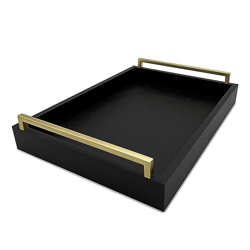 Decorative Coffee Table Tray - Shagreen Faux Leather - Ottoman Tray - Breakfast, Drinks, Liquor Serving Tray - Farmhouse to Modern - Brushed Champagne Gold Handles (Pitch Black) - color: Pitch Black
