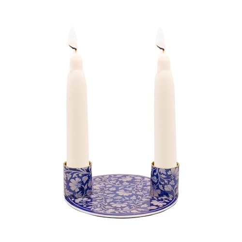 Yair Emanuel Flat Plate Candle Holders for Shabbat 4 Inch Vibrant Pattern Design Modern Judaica Gift (CSE-6 Blue Pottery) - color: Cse-6 Blue Pottery