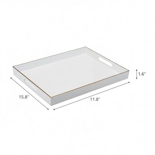 15.8" x 11.8" White Plastic Serving Tray with Gold Trim and Handles, Decorative Rectangular Tray for Ottoman, Coffee Table, Kitchen Counter, Bathroom Vanity, Heavy-Duty & Easy to Clean - color: White