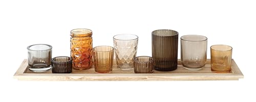 Wood Tray with 9 Brown Glass Votive Holders (Set of 10 Pieces) - color: Browns